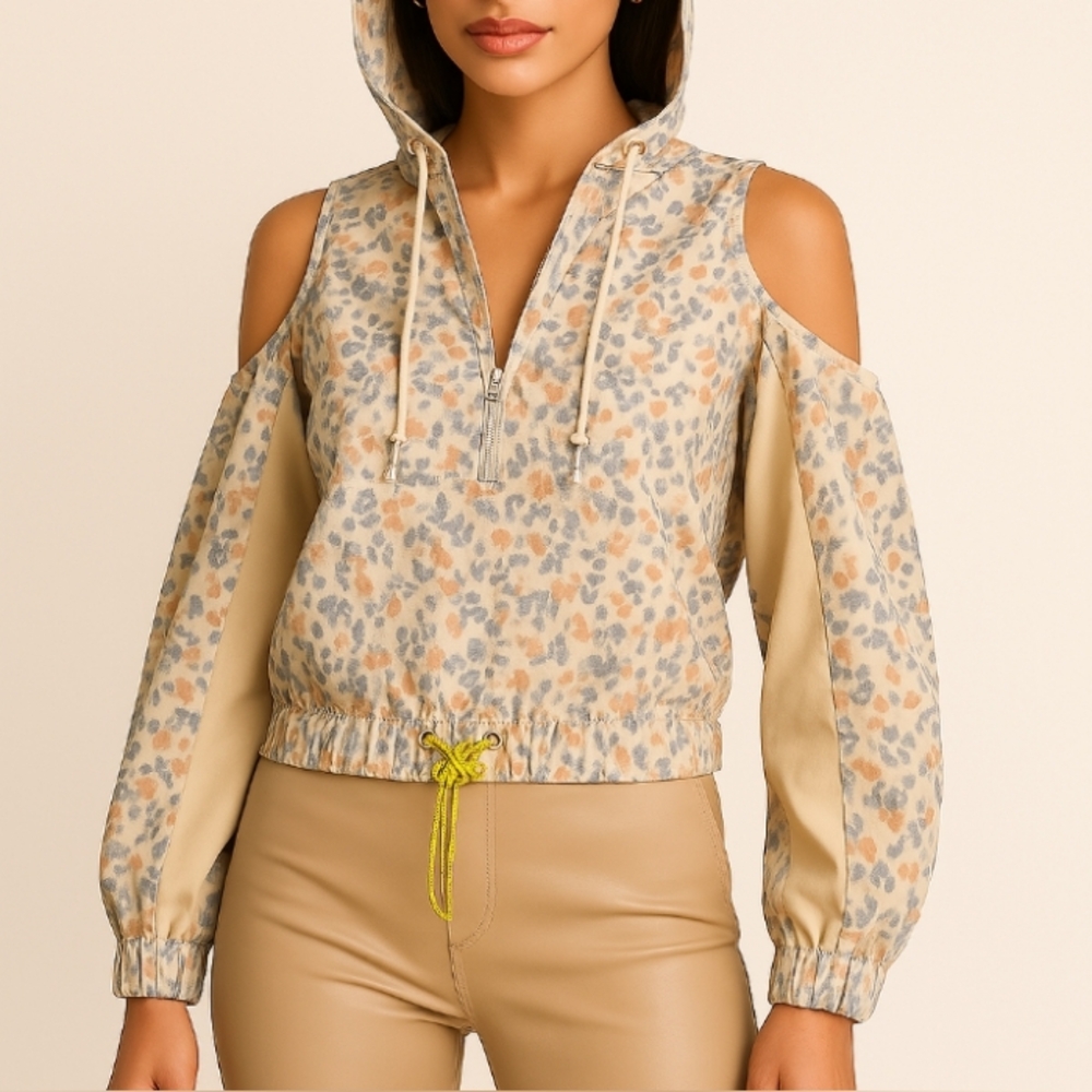 Hologram Pastel Animal Print Cold Shoulder Cropped Hoodie Top White Pink Blue M